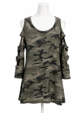 12 Pm By Mon Ami Olive Camo Cold-Shoulder Top - Medium